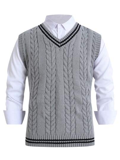 Spring & Autumn New Unisex V-Neck Knit Vest, Retro Casual Style With Contrast Color Trim, Breathable & Comfortable Knit Sweater For Men