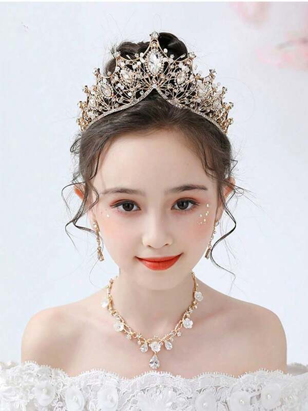 1 Set Youth Jewelry Set, Includes Crown, Suitable For Teens, Girls, Children, Holidays, Weddings, Pageants, Back To School, Parties, Dance Performances, Princess Dress Up, Multi-Color Options