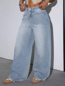 Women's Casual Loose Wide Leg Jeans With Pockets, Suitable For Daily Wear - Light Wash - View 4