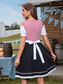 Halloween Party Costume Contrast Color Patchwork Camisole Dress + Mini Top With Apron, Suitable For Oktoberfest, Maid Uniform Cosplay And Other Occasions - Black - View 2