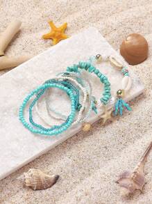Conjunto de 2 piezas de pulsera con elementos del océano, incluyendo coral, estrella de mar, concha y talla grande elementos, joyería de moda para vacaciones de verano, viajes y festividades