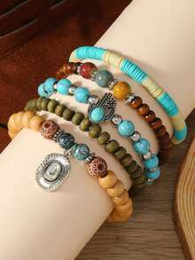 9/17/24/35/47/76pcs Mixed Vintage Handmade Wooden & Turquoise Stone Bead Bracelet Set With Zinc Alloy Pendant - Ideal Jewelry Pack For Daily Party Gifts - Multicolor - View 6