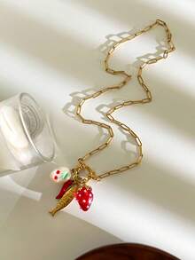 Monlansher 1 件女士不锈钢项链，带多元素吊坠，包括舵、草莓、辣椒、樱桃、鱼、时尚个性化百搭项链 - 金色 - 查看 8