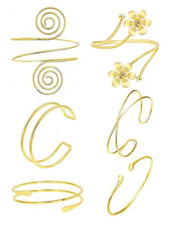 6 件/套可调节金属金色简约螺旋袖口手链套装，适合暑假和万圣节装饰