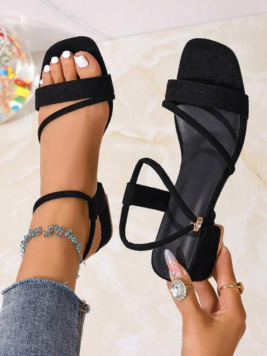 女式方头粗跟系带高跟凉鞋，时尚户外简约百搭中跟粗跟鞋 - 黑色 - 查看 1