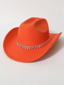 1 Peça Chapéu de Feltro Unissex, Chapéu de Feltro de Lã de Cor Sólida e Plano na Parte Superior com Decoração de Cinto em Formato de Diamante, Chapéu de Cowboy Ocidental Estiloso, Adequado para Noiva, Apresentação, Festa, Uso Externo, Todas as Estações