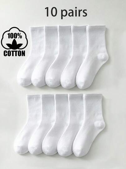 10 Pairs Kids Plain Cotton Crew Socks, Breathable Daily Casual Wear