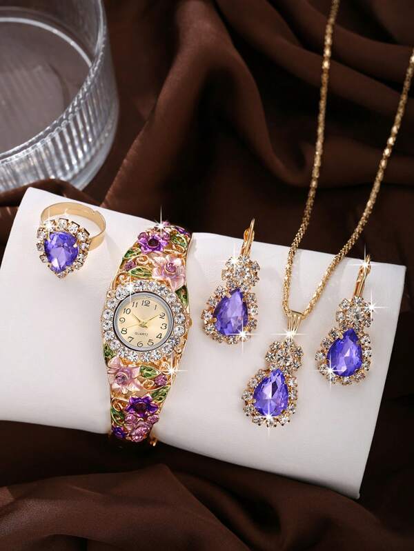 5pcs Set Elegant Academic Style Quartz Bracelet Watches & Matching Jewelry Accessories, Suitable For Daily Wear And Gift For Her