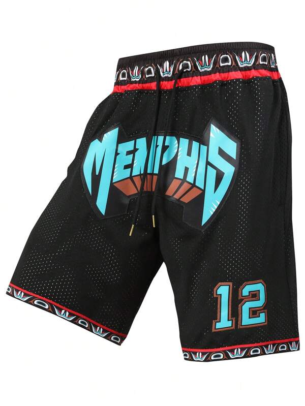 Atonmore Herren Basketball Shorts, schwarz, Größe 12, Vintage Mesh mit Stickerei und Reißverschlusstaschen Sportshorts