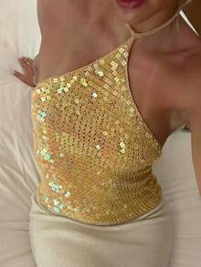 Womens Sequin Sparkle Halter Crop Tops Pearl Embellished Cami Tank Tops Y2k Bling Glitter Rhinestone Camisole Party Going Out - 黃色 - 查看 1