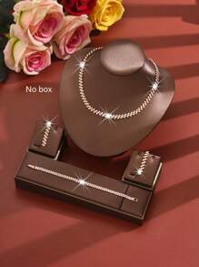 Women Luxury Fashion Jewelry 4-Piece Set: Rhinestone Earrings + Necklace + Bracelet, Elegant & Generous Jewelry Suit, Suitable For Wedding, Party, Gift For Holidays