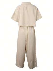 2 pièces/set Tenue décontractée en lin grande taille, chemise à manches courtes et pantalon large, printemps/été