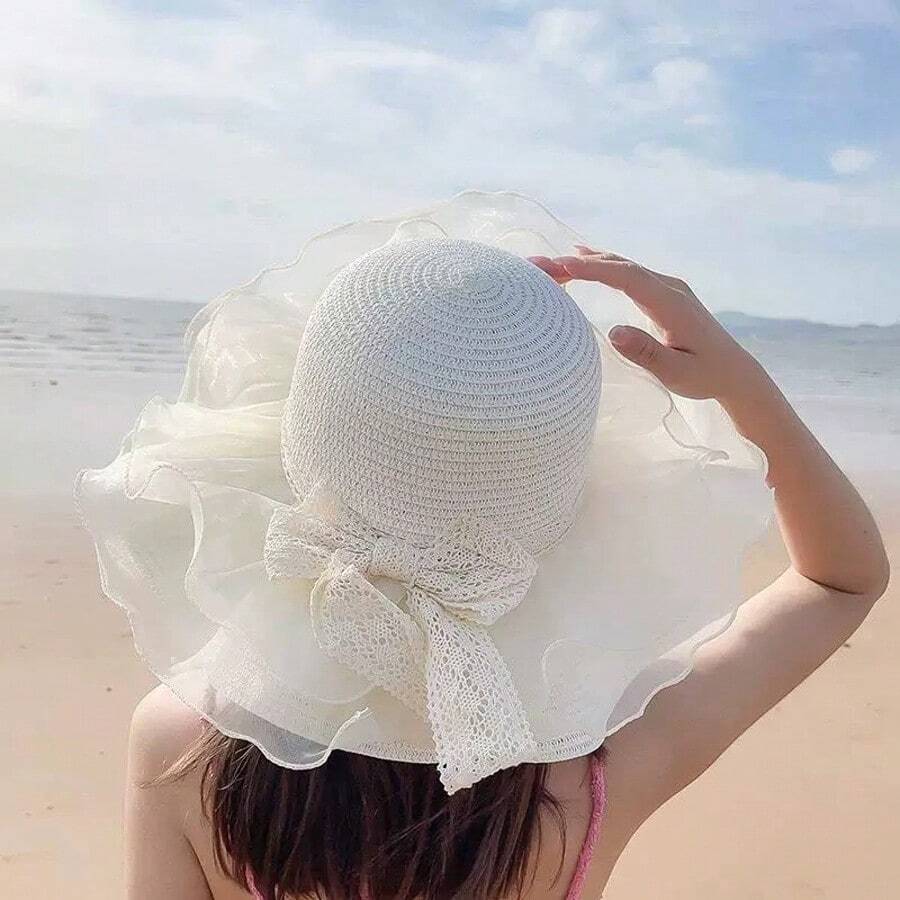 1pc Women Layered Mesh Big Brim Foldable Fashion Versatile Straw Hat, Suitable For Beach/Seaside Outing - Straw Hat - View 1