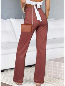 Sidefeel Women's Jeans High Waisted Straight Leg Stretchy Jeans Welt Pockets Loose Wide Leg Zimbaplatinum Pants - Mineral Red - View 2