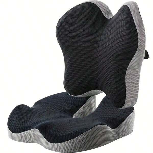 Black Ergonomic Office Chair Seat Cushion And Lumbar Support Pillow Combo Set, 3D Design, Breathable Cover, Adjustable Straps, Ideal For Low Back Pain Relief And Long Sitting Hours