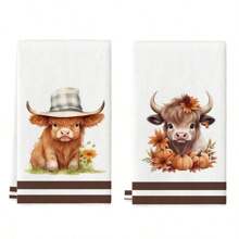 2Pcs Kitchen Towel Watercolor Floral Highland Cow Country Style Farmhouse Dish Towel Kitchen Dishwashing Hand Tea Towel Kitchen Dry Dish Towel Suitable For Kitchen Restaurant Dining Table