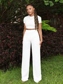 Steph T Women's New Casual Basic Sports Style Spring And Summer Round Neck Short-Sleeved Truncated T-Shirt + Wide-Leg Super Long Pants Rose Red Striped Texture Knitted Fabric Women's Two Pieces Set, Casual Relaxed Stretchy Summer Sets - White - View 1