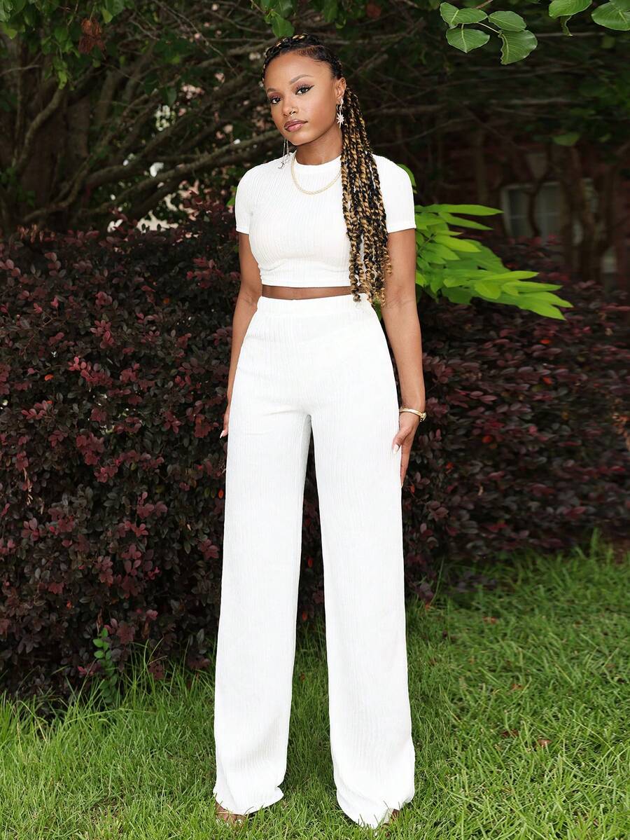 Steph T Women's New Casual Basic Sports Style Spring And Summer Round Neck Short-Sleeved Truncated T-Shirt + Wide-Leg Super Long Pants Rose Red Striped Texture Knitted Fabric Women's Two Pieces Set, Casual Relaxed Stretchy Summer Sets - White - View 1