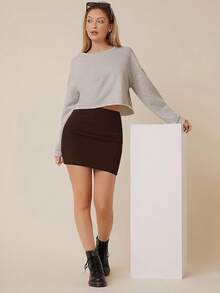 Women's Basic High Waisted Pencil Bodycon Short Skirt - Chocalate Brown - View 2