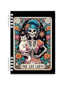 1 件 A5 猫塔罗牌螺旋笔记本 - 120 页横线内页，PP 封面采用哥特式女巫设计，带有骷髅和猫，黑白格纹连衣裙线日记本，学生课堂记事本，适合返校季、新学期、办公用品