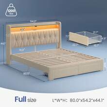 GREENSTELL Bed Frame With Drawer & LED Lights, Upholstered Platform Bed Frame With 2-Tier Storage Headborad & Charging Station, Sturdy Wooden Slats Support, Noise-Free, No Box Spring Needed - 查看 2