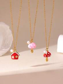 GEREIT 1 pieza Collar colgante con casa de hongo roja simulada de acero inoxidable enchapado en oro de 18K con perla falsa, lindo para uso diario de mujeres