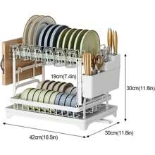 Multifunctional Dish Rack Organizer, Rustproof 2-Tier Dish Drying Rack With Drainer Board, Space Saving For Cutlery, Knives, Wooden Cutting Boards - Modern Kitchen Shelf | Durable Metal Construction Kitchen Organizer With Cleaning Cloth White Holiday Gift