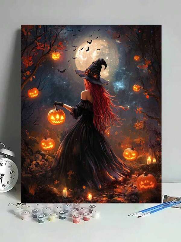 1 Set Pumpkin Witch DIY Digital Oil Painting Kit, Artistic Craft For Adults, Unframed Art Oil Painting Set For Bedroom Decor And Art Wall Decoration, Simple And Fun Painting Method Without Painting Foundation, Fulfill Your Painter Dream And Immerse Yourself In The Colorful World, Each Stroke Is Self-Expression, Add Romance To Life, Best Gift For Family And Friends For Halloween, Christmas, Holiday, 40*50CM