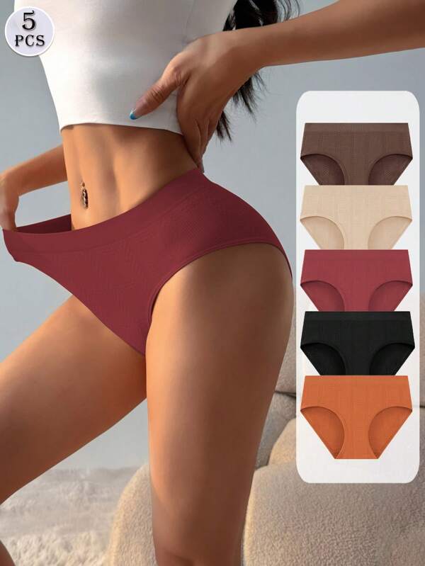 5 piezas Pantys triangulares sin costuras de talle medio, color maillard, ropa interior de mujer que levanta el trasero, de alta elasticidad, cómoda y transpirable