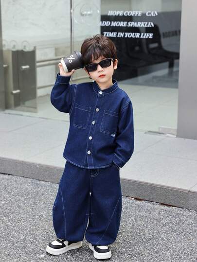 2 件套幼儿/小男孩宽松纯色牛仔夹克和裤子套装，适合日常、上学、户外、休闲装、秋季