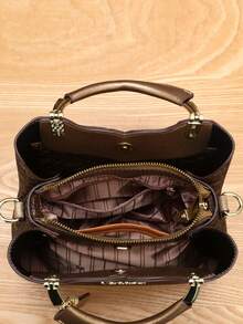 3 件套优雅女士手提包套装，几何印花仿皮手提包，配配套手拿包和钱包，金色金属配件，磁扣，仿皮衬里，仿皮边缘 - 金色 - 查看 5