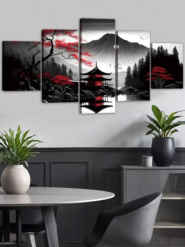 1/5pcs/Set Canvas Print Wall Art With Frame, Black And Red Japanese Landscape Poster, High Definition Picture Print For Living Room, Wall Art Indoor Home Decoration,Ready To Hang,