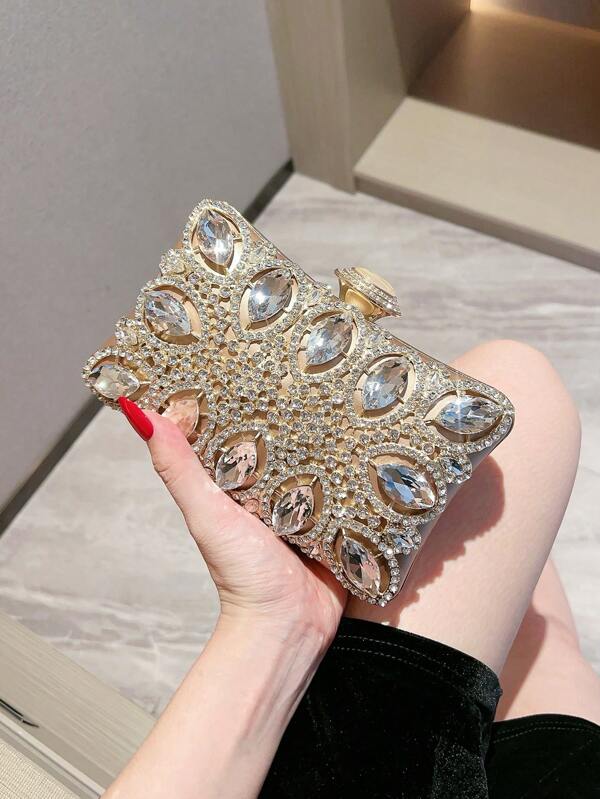 Luxury Gold Hollow Out Rhinestone Evening Bag, Elegant Crystal Clutch Purse For Wedding, Party, Gala, Formal Dress, Cocktail Ball, Socialite Women
