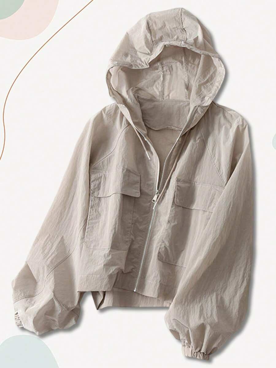 Women Sun Crop Jacket Loose Solid Color Long Sleeve Zipper Hoodie With Pockets For Summer Spring - Xám - Xem 1