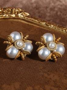 2pcs Vintage Antique Bronze Plated 18K Gold Clover Faux Agate Glass Pearl Green Turquoise Beaded Dangle Earrings