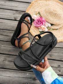 Sandalias de plataforma y cuña gruesa para mujer, chanclas de playa negras de verano, diapositivas con tiras trenzadas multifuncionales, suela gruesa con cierre deslizante