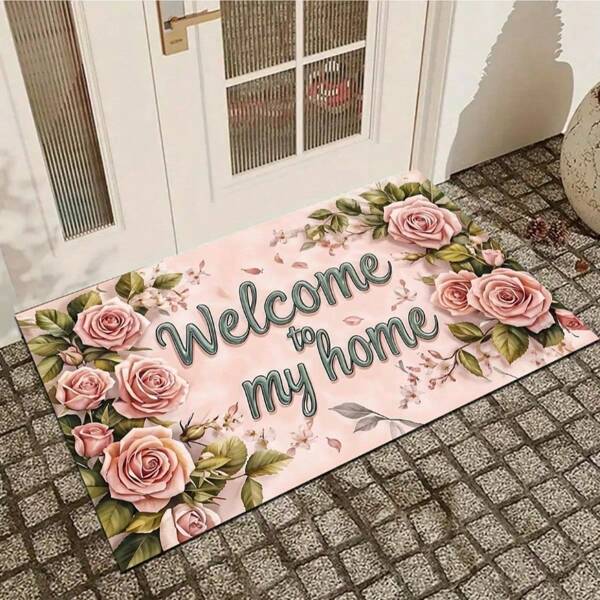 Easter Decoration Pink Floral Doormat, Machine Washable, Wear-Resistant, Floral Doormat, Welcome Doormat, Non-Slip & Absorbent, Indoor/Outdoor, Decorative Entrance, Home Decor