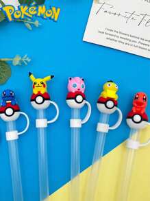 pokemon Pokemon Cute Character Silicone Straw Top Cover, Dust-Proof Pikachu Reusable Straw Tip For 30 And 40 Ounces Cups With Handles - Fits 10mm Straws, 1 Pc , Perfect Party Gift, Office Supplies, Birthday Gift Toy, Pikachu, Handmade Set, Fashion, Ideal Gift For Party Collection