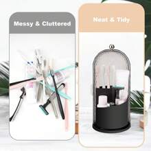 Toothbrush Holders With Sliding Lid, Rotating 3 Slots Bathroom Organizer Countertop, Tooth Brush Toothpaste Holder Bathroom Counter Stand Caddy For Vanity Makeup Brushes Holder (Black)