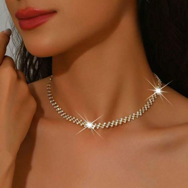 1 pezzo Lussuoso collana choker completamente tempestata di cristalli, adatta per matrimoni e occasioni formali