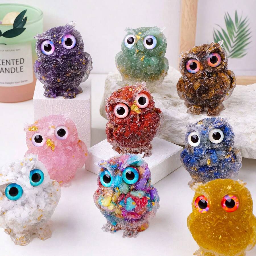1pc High Quality Natural Healing Crystal Chips Gravel Multiple Material Resin Owl For Decoration - Epoxy Owl - View 1