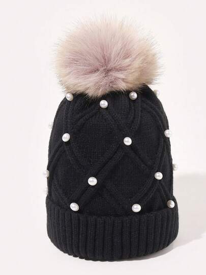 Herbst/Winter Oversized Pompon Strickmütze, Strass einfarbige Fleece gefütterte dicke umgeschlagene Krempe warme Beanie Mütze, modische personalisierte vielseitige einfarbige Lässig Polyester verzierte Perlen Mütze, Herbst/Winter Saison