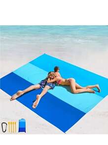 Beach Blanket Sandproof, Foldable Beach Mat With 4 Corner Stakes, For Outdoor Camping Travel Vacation Hiking Polyeaster Material Oversized Lightweight Picnic Beach Blanket