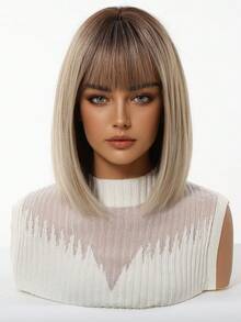 Perruque dégradé brun noir doré de 12 pouces, coiffure au carré droite avec frange pour femmes, en fibre synthétique résistante à la chaleur, et polyvalente, convient aux femmes et aux filles pour un usage quotidien, les fêtes, le cosplay, la photographie et plus encore - Blond ombré - Voir 3