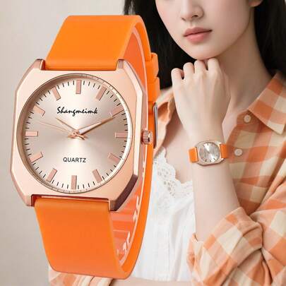 1 pieza Reloj de pulsera de cuarzo de moda y negocios con correa de silicona y caja cuadrada, adecuado tanto para hombres como para mujeres