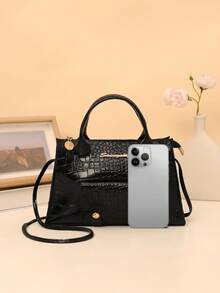 黑色鳄鱼纹压花手提包，简约时尚亮面托特包/单肩斜挎包，百搭休闲、派对等场合，女士波士顿包，优雅女士钱包，女士斜挎包，黑色斜挎包，女士钱包包，女士包包，圣诞礼物，送她的礼物，金色包包 - 黑色 - 查看 6