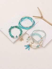 Conjunto de 2 piezas de pulsera con elementos del océano, incluyendo coral, estrella de mar, concha y talla grande elementos, joyería de moda para vacaciones de verano, viajes y festividades