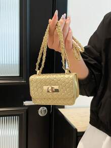 Mini bolso cuadrado, textura trenzada, costura acolchada, nuevo bolso de mujer, bolso de hombro con patrón de rombos de alta calidad, bolso bandolera con cadena trenzada, bolso cruzado con solapa para lápiz labial, accesorio de bolso de mujer lindo