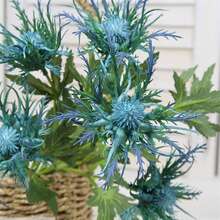 1pc Artificial Rustic Thistle Bouquet Artificial Thistle Bouquet,Autumn And Halloween Decorate Artificial Flowers For Living Room, Dining Table And Balcony Artificial Spray Geranium Plant Rustic Thistle Faux Sea Holly, Perfect For Wedding Party Home Office Decor Plant