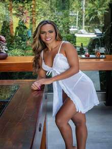 Louise Tulle Nightgown With Front Slit And G-String - White - View 1